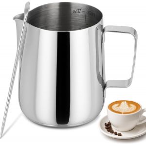 Kal-Pichet Lait Inox -Pot A Lait Inox -Pot A Lait -Ml -Avec Échelle Graduée -Accompagné D'un Stylo Pour Latte Art -Idéal Pour Préparer Des Cappuccinos, Des Lattes Et Des Espressos -Argent - Neuf
