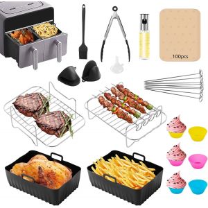 24 Pcs Accessoires Air Fryer Pour Ninja,Tower,Instant Vortex,Innsky,Princess,Emerio,Salter 7.6L-9.5L,Inclut Moule Silicone Air Fryer,Grilles,Papier Pour Grillades,Huilier Spray Et Outils. - Neuf