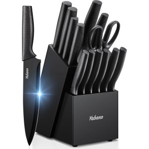 Mevronisshop-Couteaux De Cuisine, 14 Pi&egrave;ces Ensembles De Couteaux De Cuisine Avec Aiguiseur Int&eacute;gr&eacute;, Ensemble De Couteaux Noirs Tranchants, Compatible Lave-Vaisselle - Neuf
