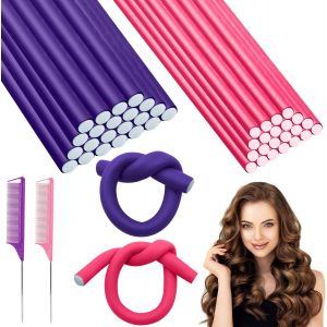 KAL-Curlers Flexibles En Mousse À Friser En Fer Torsadé, Sans Chaleur Et 1 Peigne À Queue En Acier Pour Femmes Et Filles, Cheveux Longs Et Courts - Neuf