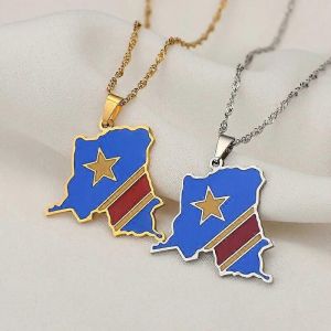 R&eacute;publique D&eacute;mocratique Du Congo Carte Drapeau Color&eacute; Pendentif Or/Argent Couleur Rdc Kinshasa Collier Ethnique Acier Inoxydable Bijoux - Neuf