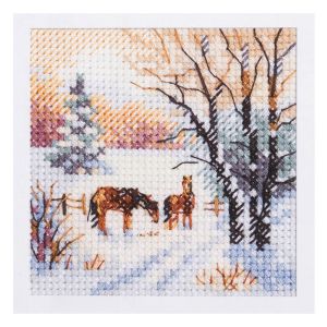 Kit Point De Croix Compt&eacute; "L&iquest;Hiver Est Arriv&eacute;. Chevaux" 7x7cm - Neuf
