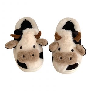 Fuzzy Cow Slippers Cute Warm Slippers Cozy Cotton Shoes Animal Shape Slip-On - Neuf