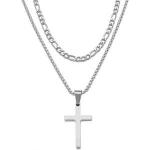 Trahoo-Chaîne Croix Hommes With 2pcs Collier Croix Pendentif Acier Inoxydable Chaîne Croix Hommes Argent Or Noir Collier Croix Femmes 16-24 Inch Chaîne Bijoux Cadeau - Neuf