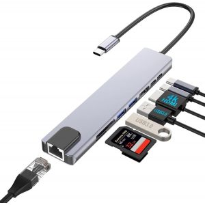 NAERYUT-Adaptateur Usb C 8-En-1 Pour Ordinateurs Portables Dell Avec Hdmi 4K,100W Pd,Port Usb 3.0,Ethernet Rj45,Lecteur De Cartes Sd/Tf-Compatible Macbook Pro/Air Type-C Docking Station - Neuf