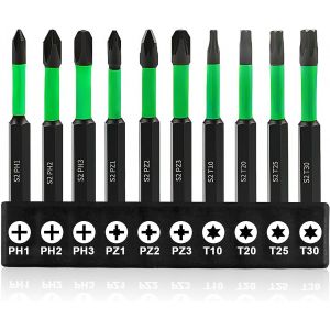 KAL-Lot De 10 Embouts De Visseuse À Percussion Magnétiques En Acier S2 Universel À Tige Hexagonale De 6,35 Mm Phillips Ph1 2 3, Pozidriv Pz1 2 3, Torx T10 T20 T25 T30 Pour Meubles Et Travail Du Bois - Neuf
