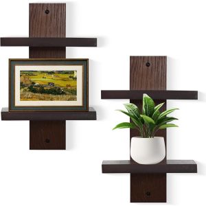 Cauc-Lot De 2 &Eacute;tag&egrave;res Murales Verticales Flottantes Invisibles - &Eacute;tag&egrave;re Arri&egrave;re - Organisateur De Tour De Livres Mont&eacute; Pour Accessoires De Salon Et De Bureau - 2 Niveaux (Noyer) - Neuf