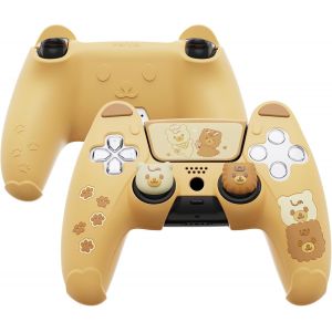 Lkljij-Playvital Coque Pour Ps5 Manette Housse Silicone Protection Avec Capuchon Pour Ps5 Et Autocollant Sticker Accessoire Protège Compatible Station De Charge,Ours Design-Jaune & Brun - Neuf