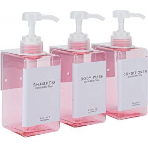 KAL-Flacons Rechargeables Pour Shampooing Et Après-Shampoing Pour Mur De Douche, Distributeur De Shampooing Et D'Après-Shampoing Avec Pompe Sans Perçage (3 Bouteilles, 3 Supports Muraux, Rose) - Neuf