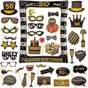 Accessoires Photobooth Anniversaire 50 Ans,35 Pcs Photobooth Avec Cadre Photo Gonflable,Décorations Anniversaire Homme Femme - Neuf
