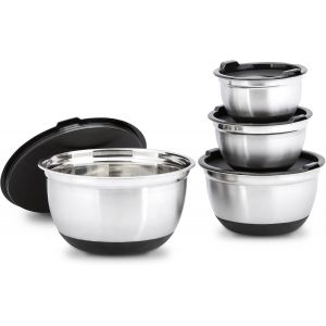 Bol En Acier Inoxydable Avec Couvercle Et Fond Anti-Glissement Lot De 4 Saladier Plat Creux Bol M&eacute;langeur Protection Ar&ocirc;mes Et Saveurs,Noir-Argent&eacute;-Diam&egrave;tre 15,5,17,5,21 Et 25,5 Cm - Neuf