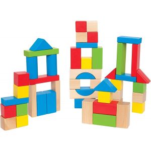 Jouet En Bois Construction Enfant 12 Mois Et Plus-Blocs De Construction En &Eacute;rable Multicolore 50 Pi&egrave;ces-Fille Et Gar&ccedil;on-Baril De Formes G&eacute;om&eacute;triques-Peinture Non Toxique - Neuf