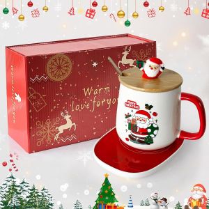 ERYI-Chauffe-Tasse Rouge, Ensemble De Chauffe-Tasse De Noël : Tasse À Café En Céramique Avec Plaque Chauffante Et Couvercle Et Boîte Cadeau Et Cuillère En Métal Doré, Arrêt Automatique, Interrupteur - Neuf