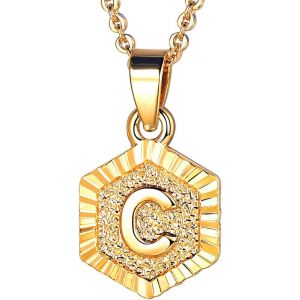 Kal-Collier Femme Initiale Plaqu&eacute; Or Jaune, Pendentif Hexagone Avec Lettre, Cha&icirc;ne Rolo Ajustable De 1,8mm/50+5cm - Neuf