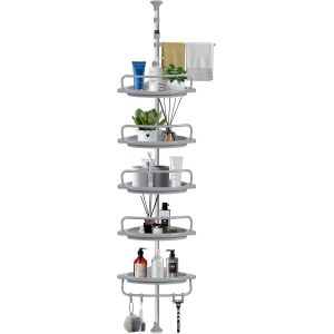 Etagere Salle De Bain, Étagère Salle De Bain Télescopique, Étagère De Douche Réglable En Hauteur 100-320 Cm, Acier Inoxydable Sans Perçage, 5 Plateaux, 4 Crochets, 1 Porte-Serviettes, Gris - Neuf