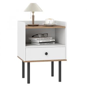 COSTWAY Table de Chevet avec Tiroir et &Eacute;tag&egrave;re de Rangement Ouverte, 4 Pieds en M&eacute;tal, Table de Nuit pour Chambre, Salon, Blanc - Neuf