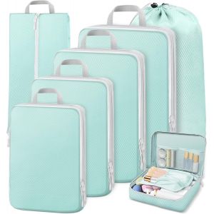 Organisateur Val 7 Pi&egrave;ces,Rangement Val Organisateur,Sac &Agrave; Chaussures, Sac De Maquillage-Compression Packing Cubes Pour Vacances, Voyages, Bleu - Neuf