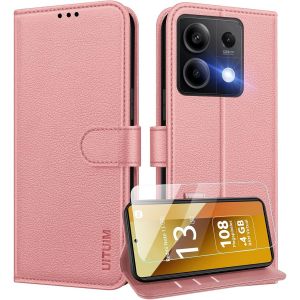 Kal-Coque Pour Xiaomi Redmi Note 13 5g (Pas Pour 4g) Coque Etui Portefeuille Cuir Avec Verre Trempé Protection Écran Porte Carte Rabat Clapet Pochette Flip Case Étui Cover Housse Etui,Rose - Neuf