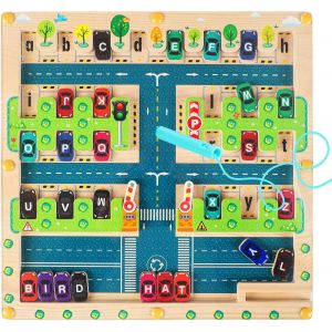 KAL-Jeu Magn&eacute;tique Parking Labyrinthe Jouet Enfant En Bois Pour Apprendre Alphabet, Labyrinthe Magnetique, Jouet Bois Montessori De 3-6 Ans, Apprendre Jeu De Tri - Neuf