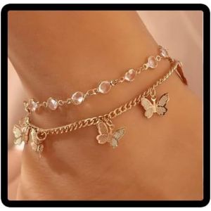 Kal-Double Couche Papillon Cheville Scintillant Cristal Bracelet Cheville Summer Footaccessories Femme Et Fille Bijoux (Or) - Neuf