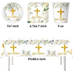 TIANYI-61 pièces de vaisselle de croix florale, vaisselle de communion et de baptême, set de fournitures de fête pour enfants, anniversaire, pour 20 personnes - Neuf