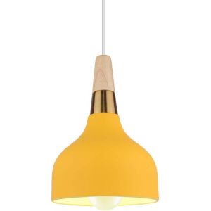 KAL-Suspension Luminaire Moderne E27 Lustre Vintage Industrielle Lampes Plafonnier Intérieur Abat-Jour En Métal Et Bois Design Pour Cuisine Chambre Café (Jaune) - Neuf