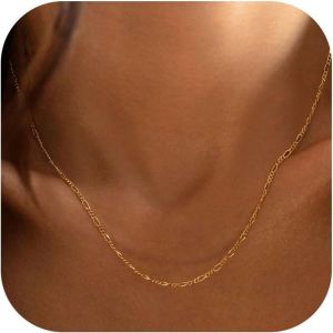 Kal-Collier En Or Pour Femme Tendance - Collier Ras Du Cou Avec Fermoir En Argent Sterling 925 Plaqué Or 14 Carats 14/16/18/20 Pouces Mince Simple Chaîne Figaro Collier À Chevrons Bijoux En Or - Neuf