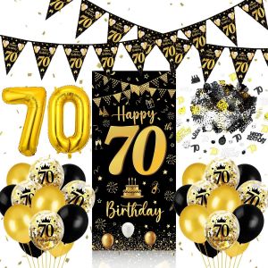 ERYI-D&eacute;coration Anniversaire 70 Ans Homme Femme, Banderole Noir Or, Ballon, Triangle Banni&egrave;re Confettis Pour F&ecirc;te Toile Affiche Fond Photo - Neuf