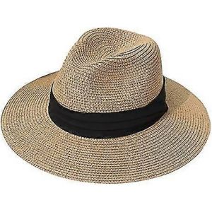 Femmes Large Brim Paille Panama Roll Up Chapeau Ceinture Boucle Fedora Beach Chapeau De Soleil Upf50+ - Neuf