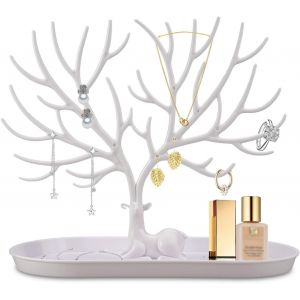 Subzonal-Arbre A Bijoux En Bois De Cerf Avec Plateau 2 En 1 Support Boucle D'oreille En Plastique, Porte Bijoux Femme, Porte Boucles D'oreilles Présentoir Collier Pour Colliers, Bracelets, Bagues (Bl - Neuf