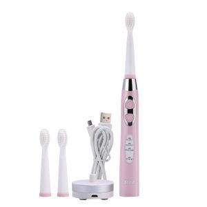 Brosse A Dents Electrique Sonique, Hygiene Bucco-Dentaire, Nettoyage Avec 3 Tetes Remplacables (Rose) - Neuf