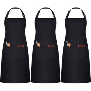 MEVRONISSHOP-Lot de 3 Tabliers Noirs Blanc, Réglables Cuisine Tabliers avec 3 Poches pour Hommes Femmes, Professionnel Tablier (Polycoton) - Neuf