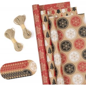 Rouleaux De Papier D'emballage De No&euml;l Avec &Eacute;tiquettes, Ficelle De Jute - 43 Cm X 3 M&egrave;tres Par Rouleau, Total De 3 Rouleaux - Neuf