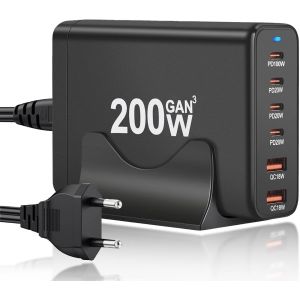 200W Chargeur USB C Multiple,6 Ports GaN III Tech Chargeur Rapide QC+PD 65W Chargeur Laptop Adaptateur avec 4 USB-C et 2 USB-A Multiprise USB pour MacBook Pro/Air,iPad,iPhone 16/15,Samsung etc.[F99] - Neuf