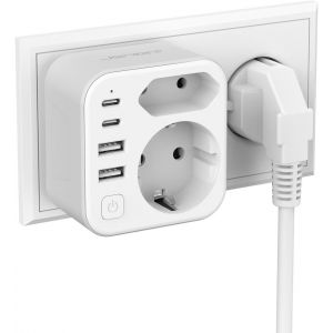 6-In-1 Usb Wall Socket 2 Sockets With 2 Usb A Ports, 2 Usb C Ports (3.4 A 17 W) Compact Wall Socket With Switch For Travelling - White - Neuf