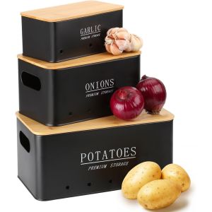Chenquansarl-Boite Pomme De Terre - Lot De 3 Rangement Pomme De Terre - Boite Oignon - Boite Ail - Conservation Pomme De Terre Avec Couvercle En Bambou - Boite Rangement Cuisine - Noir - Neuf