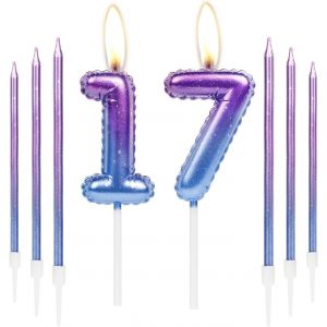 Eryi-Lot De 6 Bougies D'anniversaire Colorées En Forme De Chiffre 17 6 Longues Bougies Violettes Et Bleues Gâteau, Bougies De Gâteau Filles Et Garçons, Décorations De Fête D'anniversaire, - Neuf