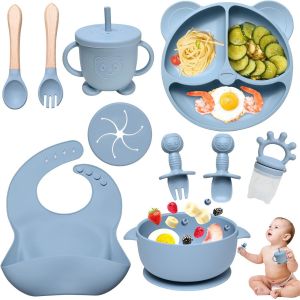 Kal-10 Pièces Coffret Repas Bebe Silicone, Assiette Bebe Set Vaisselle Assiette Ventouse Pour Bébé, Bavoir Silicone Bebe, Fourchettes, Enfant Set Couverts Vaisselle Pour Sevrage Manger (Bleu) - Neuf
