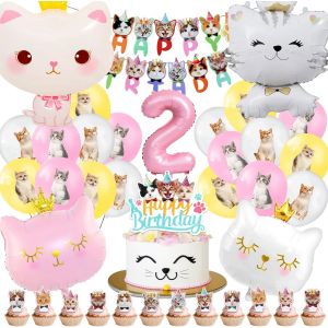 Chat Anniversaire 51 Pi&egrave;ces - Kit D&eacute;coration F&ecirc;te 2 Ans pour Gar&ccedil;ons et Filles avec Ballons, G&acirc;teau Topper, Banni&egrave;re et Ballon Aluminium - Th&egrave;me Animal - Neuf