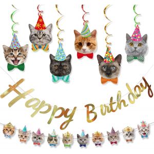 Letnerny-Lot De 6 D&eacute;corations D'anniversaire En Forme De Chat - D&eacute;coration De F&ecirc;te D'anniversaire Meow - 10 Pi&egrave;ces - Banni&egrave;re D'anniversaire Avec Motif De Chat Mignon - Banni&egrave;re &laquo; Happy Birthday &raquo; - - Neuf