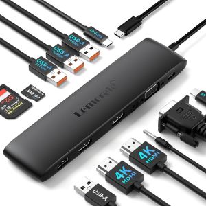 Dock Station d'accueil USB C 10Gbps,Adaptateur USB-C 12-en-1 vers Double HDMI 4K,VGA,3*USB 3.1,1*USB 2.0,1*USB-C 3.1,PD 100W,SD/TF,AUX 3,5 mm pour MacBook/HP/Dell/Lenovo/Acer et Plus.[M360] - Neuf