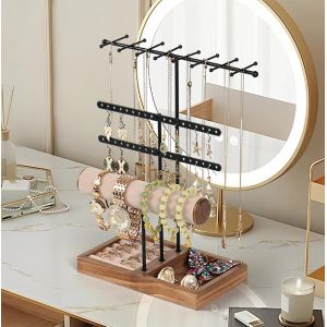 Tianyi-Présentoir À Bijoux, Presentoir Boucle D'oreille Avec Base En Bois, Avec 38 Trous, Porte Bijoux Femme Pour Colliers, Bracelets, Boucles D'oreilles, Pinces, Bagues (Noir) - Neuf