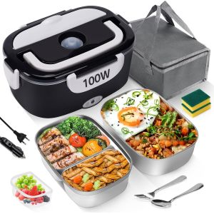 MEVRONISSHOP-Lunch Box Chauffante &Eacute;lectrique 100 W, 3 en 1, Portable, en Acier Inoxydable, Bo&icirc;te &agrave; Pain Amovible, 12 V/24 V/220 V, pour Voiture, Camion, Bureau (Noir et Blanc, 1,5 L) - Neuf
