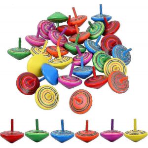 Lot de 30 toupies en bois colorées peintes à la main, jouets amusants pour cadeaux de fête pour enfants, jouets créatifs en bois sûrs et non toxiques - Neuf
