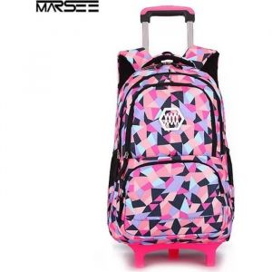 Cartable Scolaire à Roulettes Sac d'école Sac à Dos à Roulettes Nylon Imperméable Détachable pour Fille Noir/Rose - Neuf