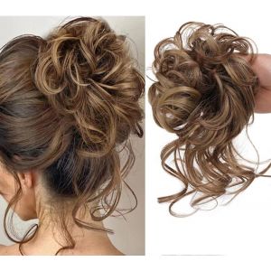 Grand Chignon, Chouchou Avec Cheveux, Postiche Boucl&eacute;e Avec Bande &Eacute;lastique, Pour Femmes Et Filles (M&eacute;lange De Marron Clair 12/24) - Neuf