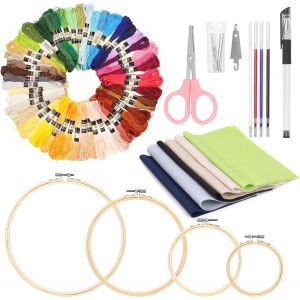 Chenquansarl-Kit De Broderie De 79 Pi&egrave;ces Comprenant Un Tissu De Broderie Carr&eacute; De 24,9 X 24,9 Cm, 4 Tailles D'anneaux De Point De Croix, 50 Couleurs De Fil &Agrave; Broder, Stylos, Enfile-Aiguille, C Aux P - Neuf