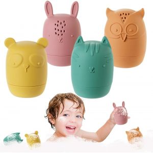 KAL-Jouet De Bain Bébé, 4 Pièces Jouets De Bain En Silicone Avec Ouverture, Pulvérisable, Jouets D'Eau Compressibles, Animaux Jouets Flottants, Jouets Baignoire Pour Le Bain Piscine La Plage Cadeaux - Neuf