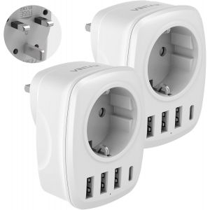 ERYI-2Pc Adaptateur Prise Anglaise Uk Angleterre France Adaptateur De Voyage Avec 3 Usb Et 1 Type C, Europe Francaise Fr 2 Broches Vers Gb 3 Broches Pour Royaumeuni Irlande Bretagne Écosse, Type G - Neuf