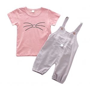 Ensemble 2 Pieces Pour Bebe Fille, Manches Courtes Et Salopette, Vetements D'ete (Rose 90) - Neuf